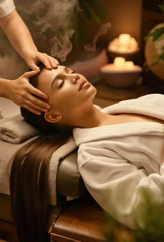 Woman in white robe receiving a relaxing Ayurvedic steam head massage at Brahmi wellness spa in Dubai